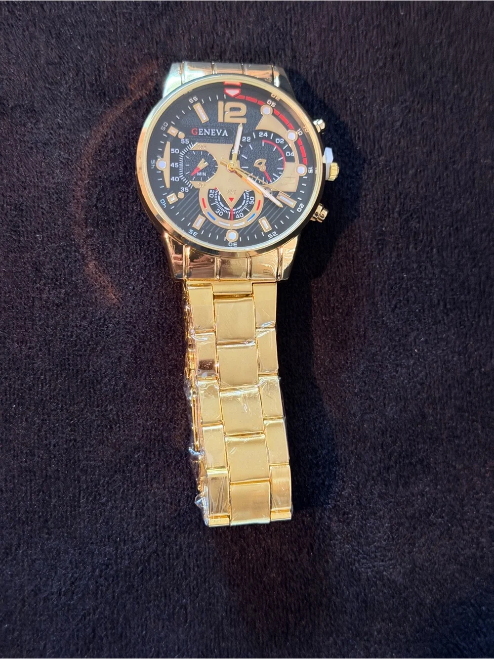 Geneva | Men's Gold Watch |Textured Black Dial | Chrono Style | NIB Brand New